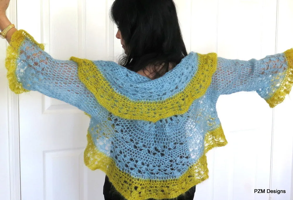 Light Blue Silk Mohair Shrug, Crochet Circle Shrug