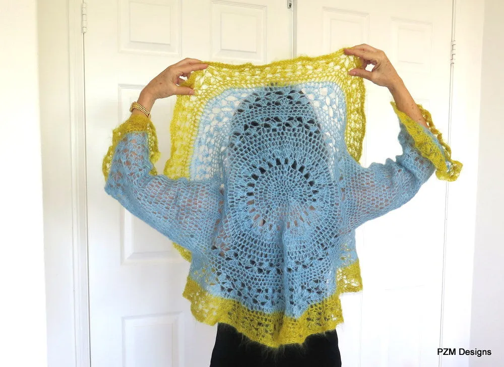 Light Blue Silk Mohair Shrug, Crochet Circle Shrug