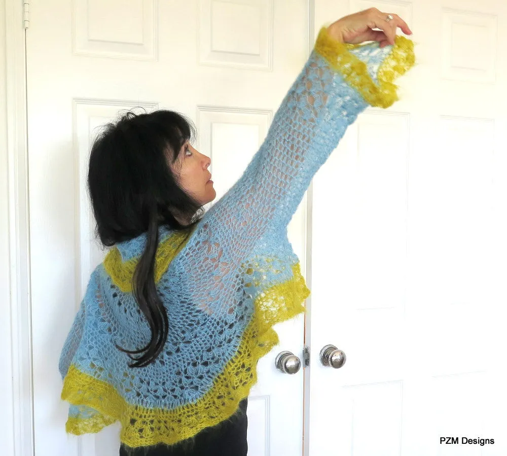 Light Blue Silk Mohair Shrug, Crochet Circle Shrug