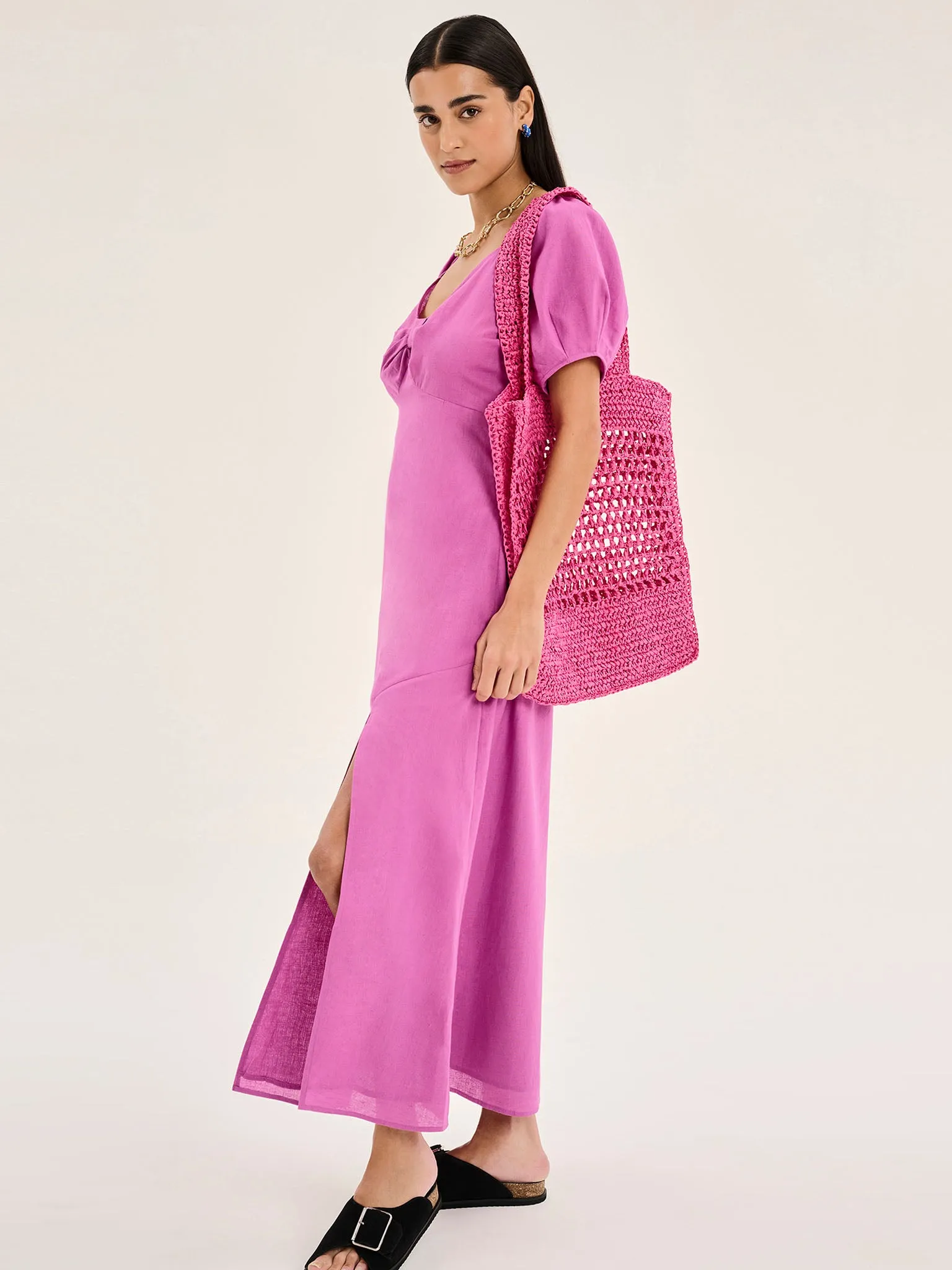 London Linen Bow Detail Midi Dress in Magenta