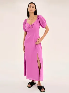 London Linen Bow Detail Midi Dress in Magenta