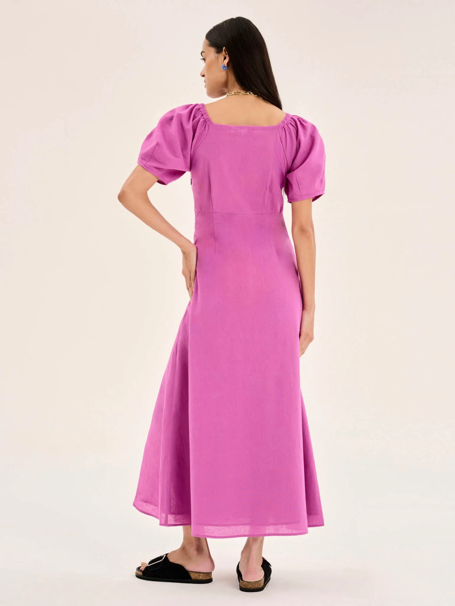 London Linen Bow Detail Midi Dress in Magenta