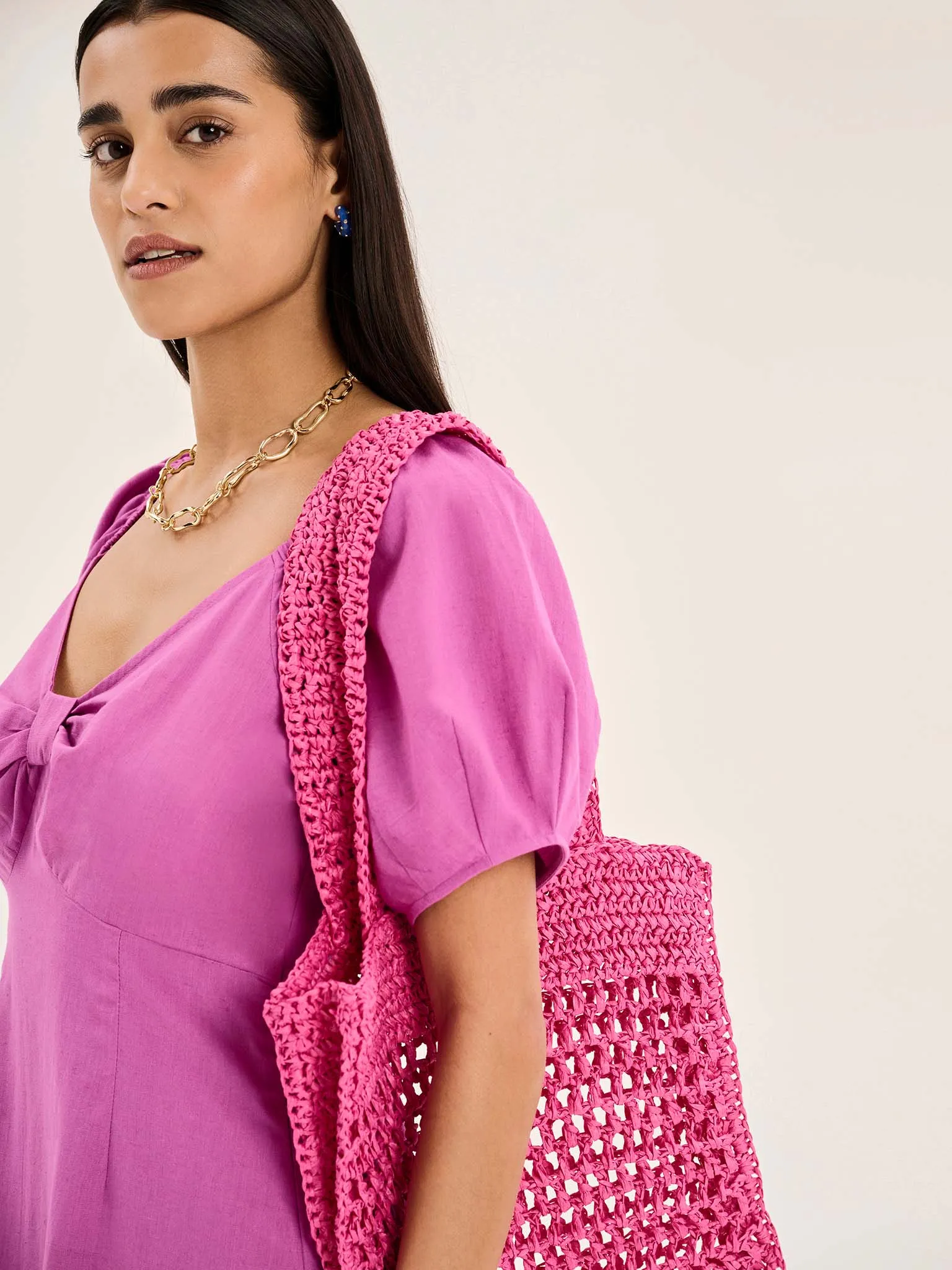 London Linen Bow Detail Midi Dress in Magenta