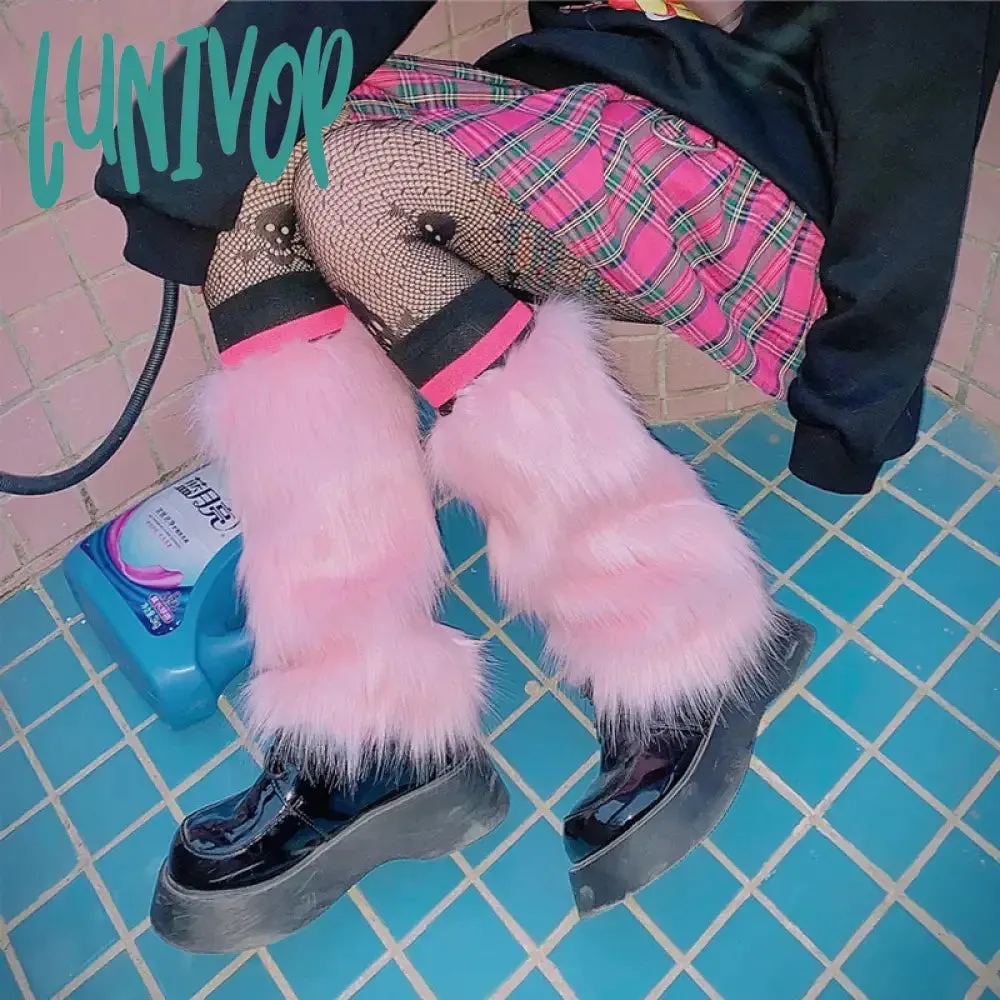 Lunivop E-girl Furry Leg Warmers Boot Covers Y2K Goth White Faux Fur Leg Warmers Punk Jk Knee-length Hiphop Warm Sock Fashion Socks