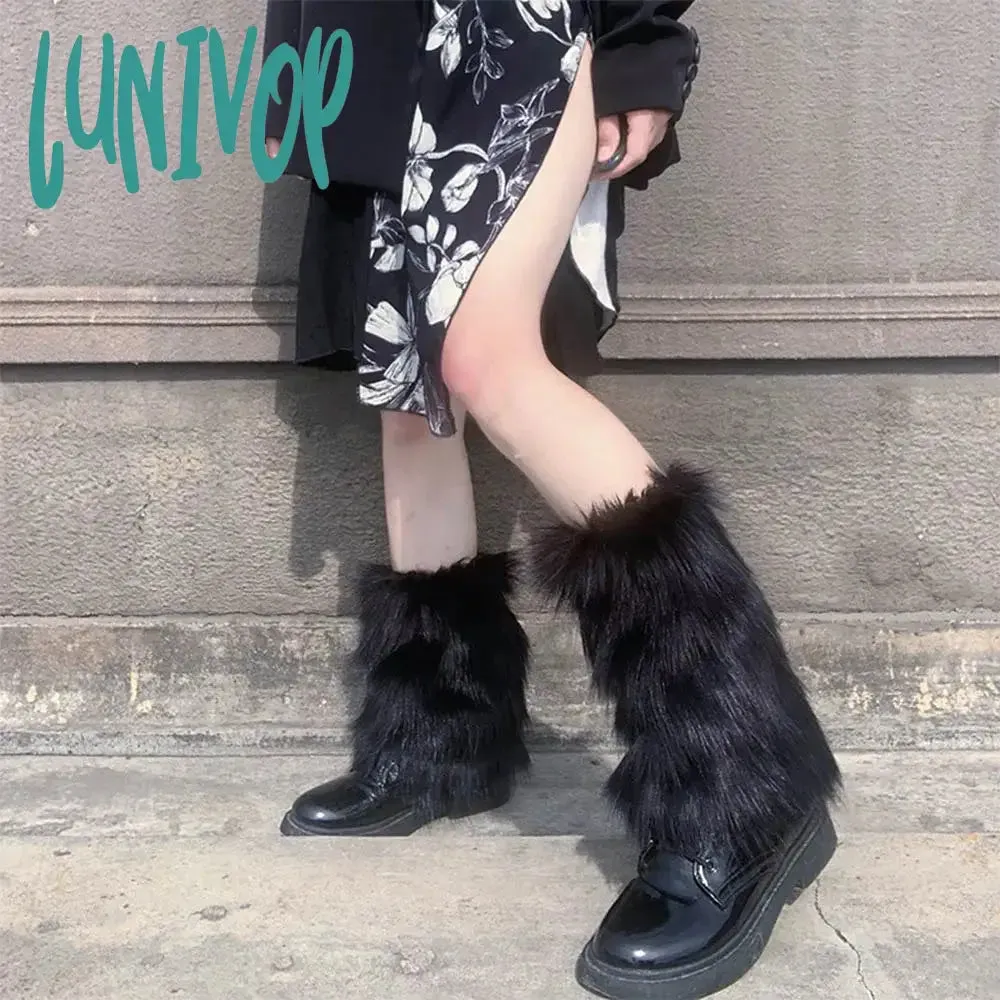 Lunivop E-girl Furry Leg Warmers Boot Covers Y2K Goth White Faux Fur Leg Warmers Punk Jk Knee-length Hiphop Warm Sock Fashion Socks