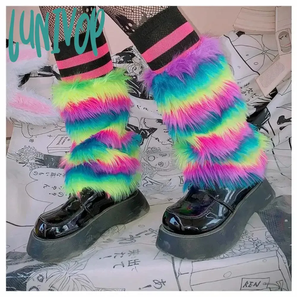 Lunivop E-girl Furry Leg Warmers Boot Covers Y2K Goth White Faux Fur Leg Warmers Punk Jk Knee-length Hiphop Warm Sock Fashion Socks