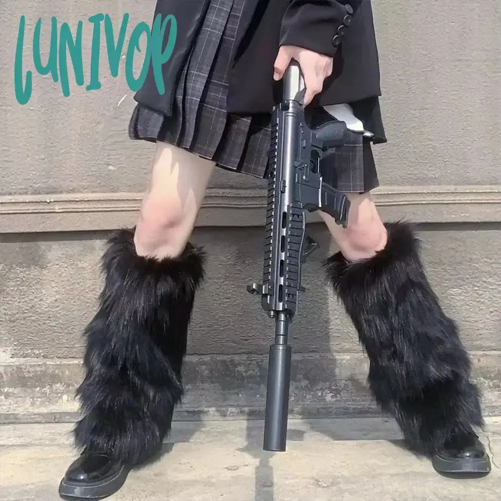 Lunivop E-girl Furry Leg Warmers Boot Covers Y2K Goth White Faux Fur Leg Warmers Punk Jk Knee-length Hiphop Warm Sock Fashion Socks
