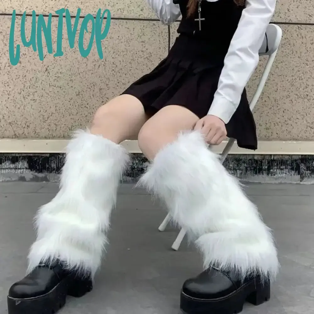 Lunivop E-girl Furry Leg Warmers Boot Covers Y2K Goth White Faux Fur Leg Warmers Punk Jk Knee-length Hiphop Warm Sock Fashion Socks