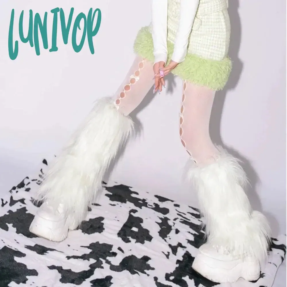 Lunivop E-girl Furry Leg Warmers Boot Covers Y2K Goth White Faux Fur Leg Warmers Punk Jk Knee-length Hiphop Warm Sock Fashion Socks