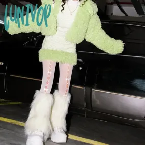 Lunivop E-girl Furry Leg Warmers Boot Covers Y2K Goth White Faux Fur Leg Warmers Punk Jk Knee-length Hiphop Warm Sock Fashion Socks