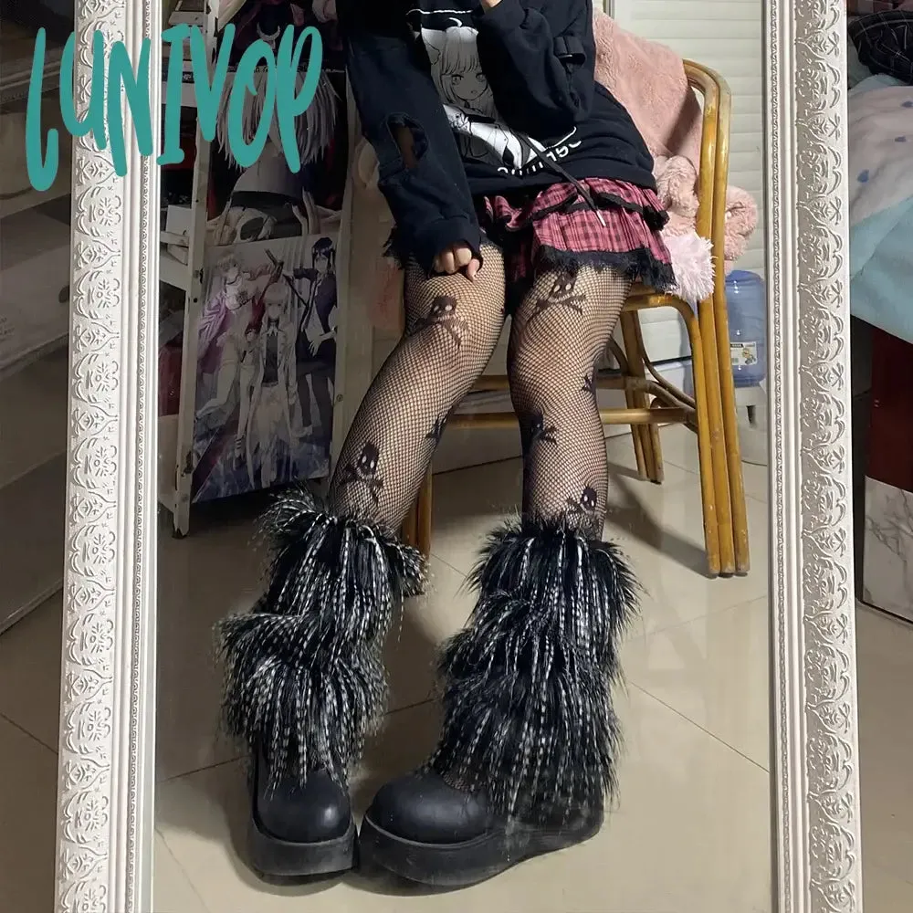 Lunivop E-girl Furry Leg Warmers Boot Covers Y2K Goth White Faux Fur Leg Warmers Punk Jk Knee-length Hiphop Warm Sock Fashion Socks