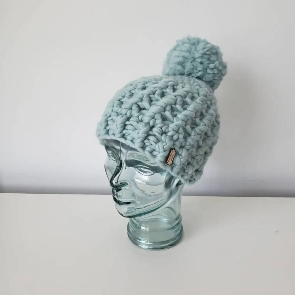 Luxury Beanie in Aquamarine, 100% Wool Hat with Large Pom