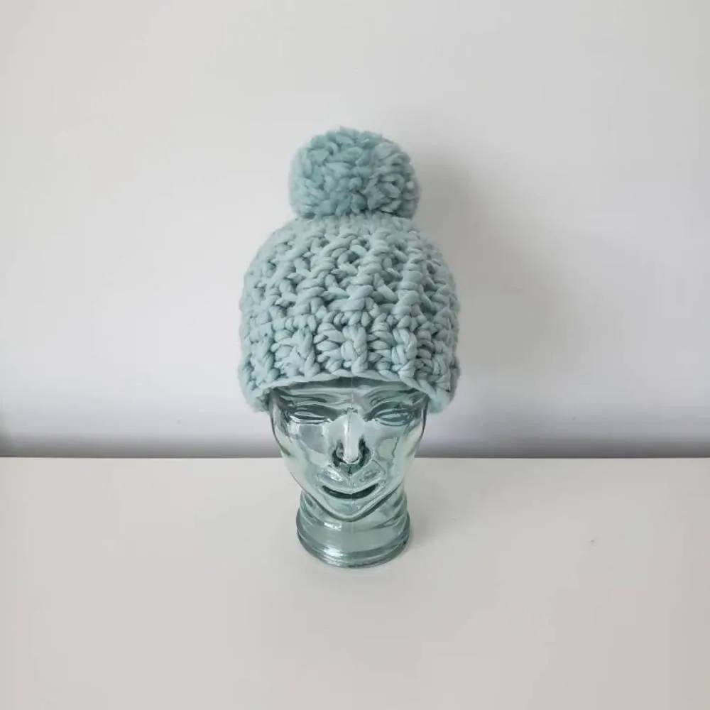 Luxury Beanie in Aquamarine, 100% Wool Hat with Large Pom