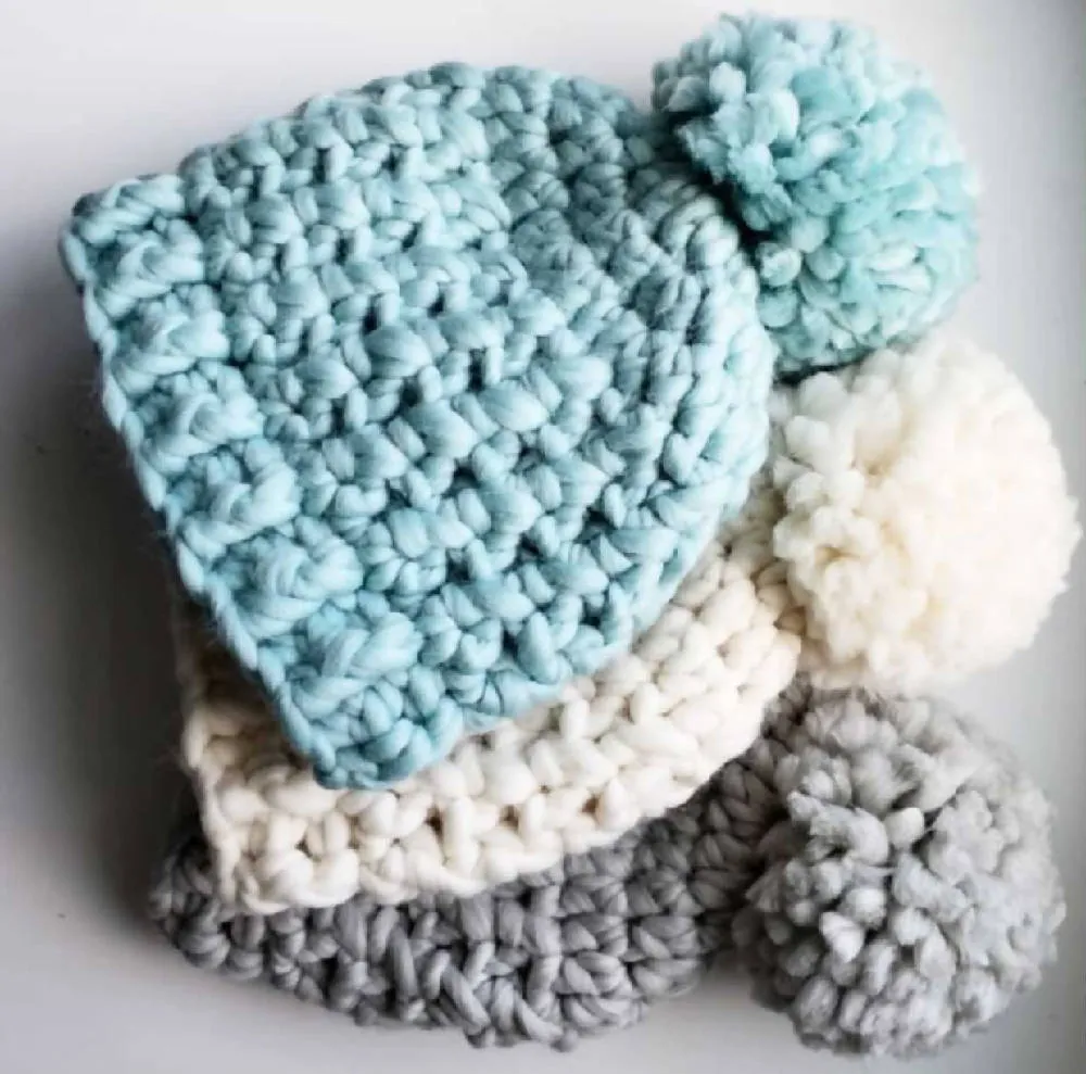 Luxury Beanie in Aquamarine, 100% Wool Hat with Large Pom
