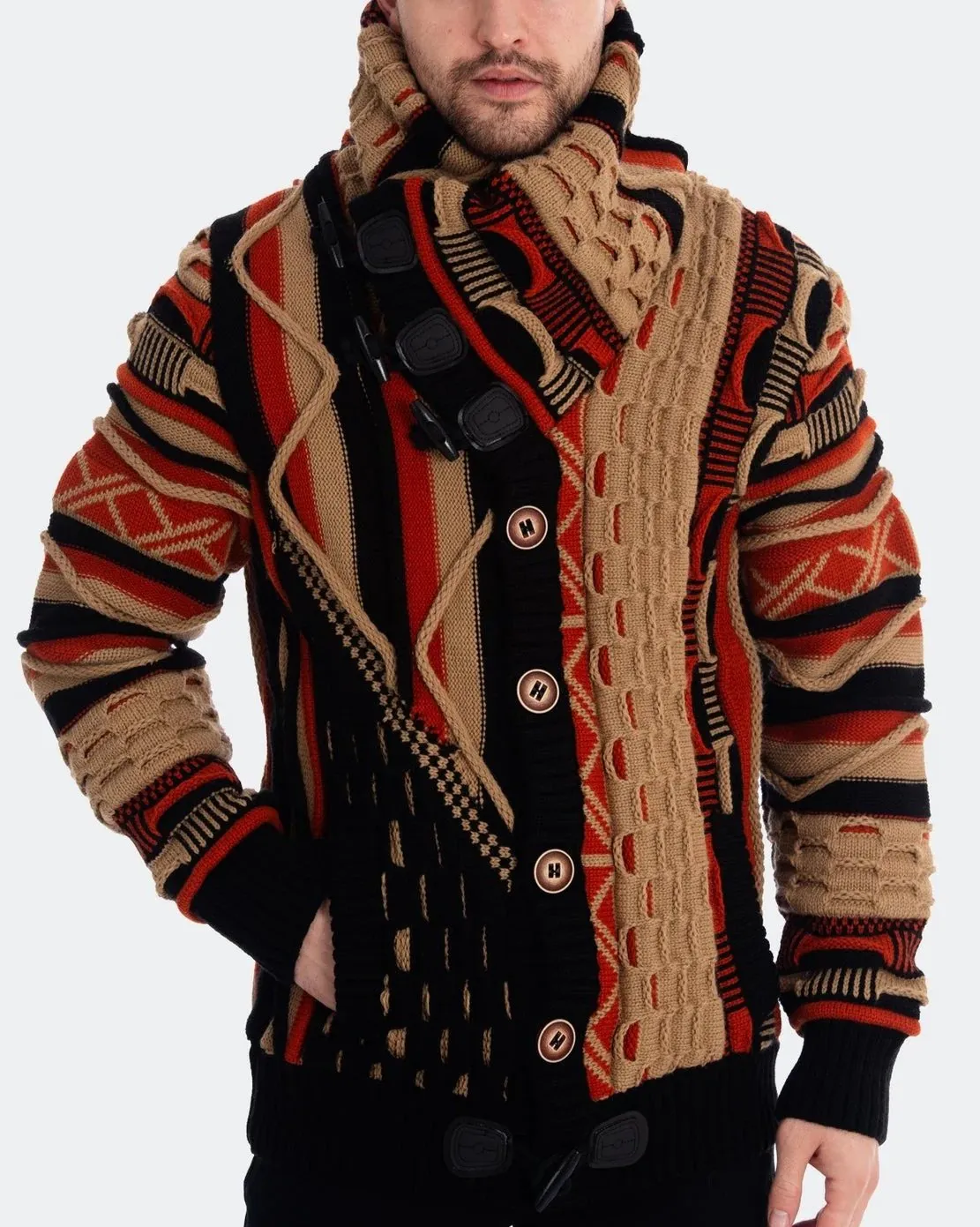 Men's Heavyweight Multi-Patterned Knit Sweater – Tan, Red, and Black