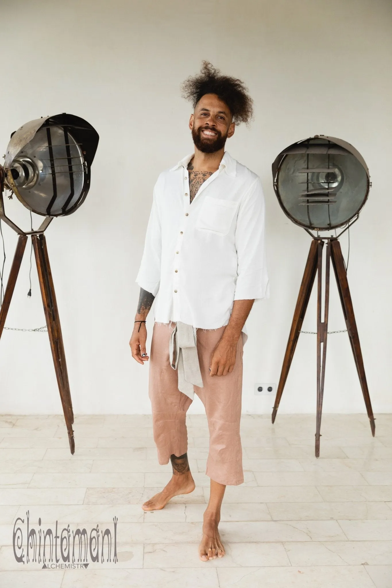 Mens Linen Short Pants 3/4 / Dusty Pink