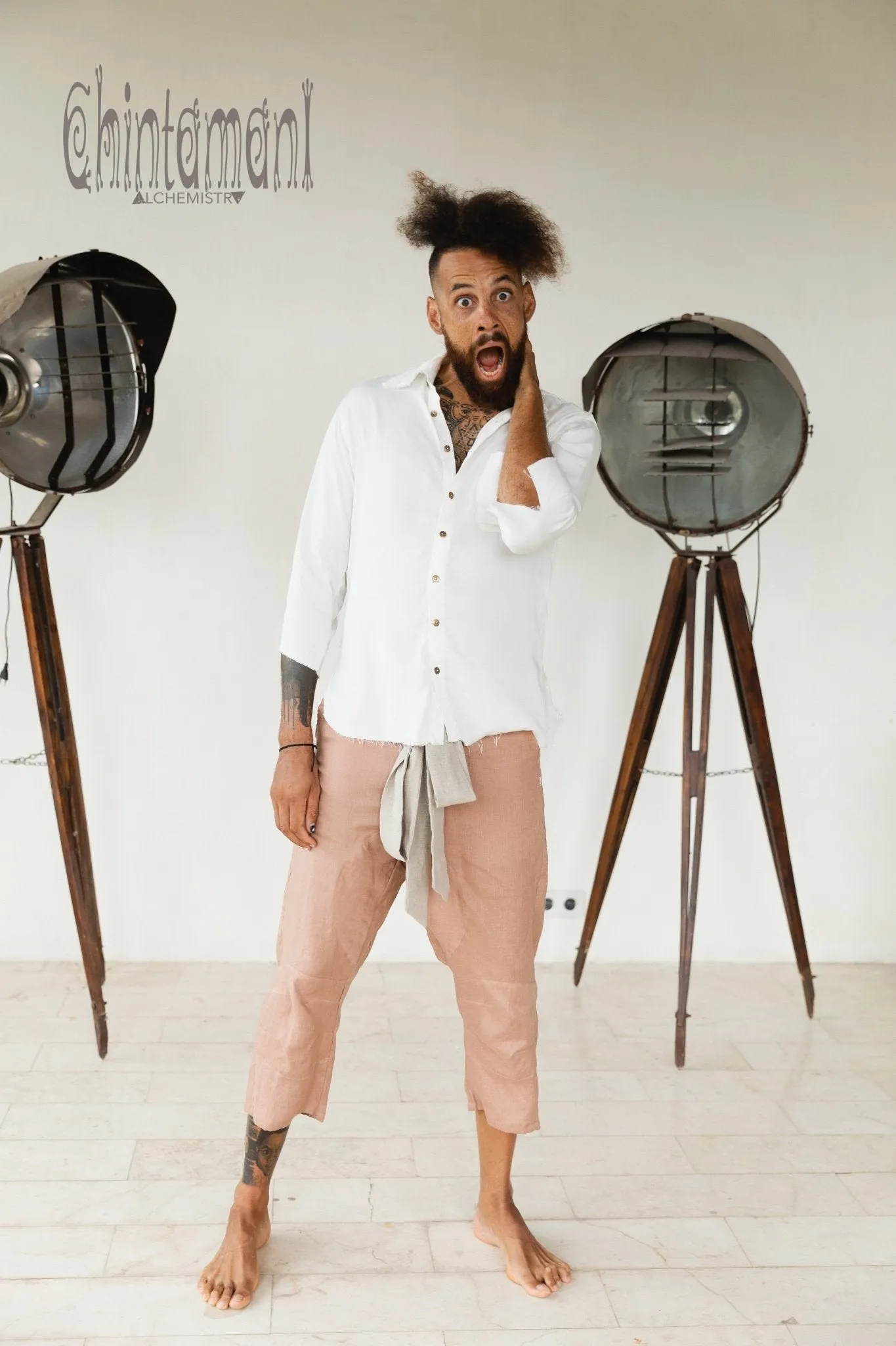 Mens Linen Short Pants 3/4 / Dusty Pink