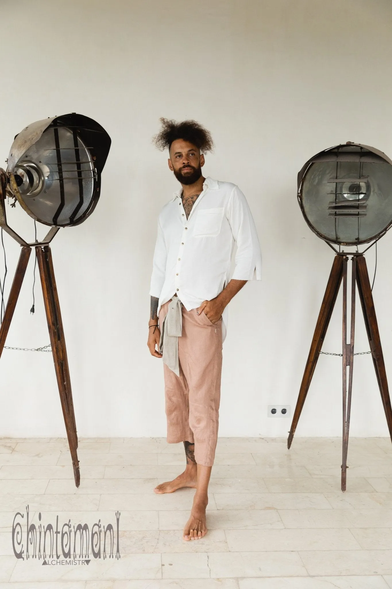 Mens Linen Short Pants 3/4 / Dusty Pink