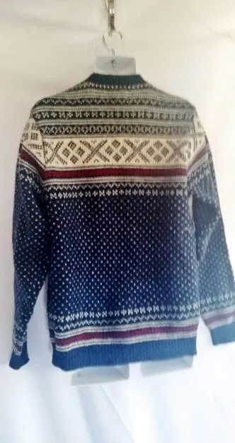 Mens L.L. BEAN NORDIC Fair Isles Wool Knit Sweater Cardigan M BLUE Fisherman WHITE RED