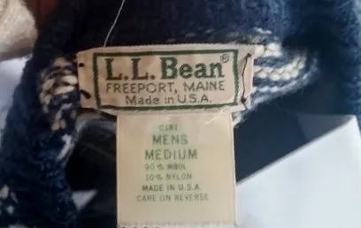 Mens L.L. BEAN NORDIC Fair Isles Wool Knit Sweater Cardigan M BLUE Fisherman WHITE RED