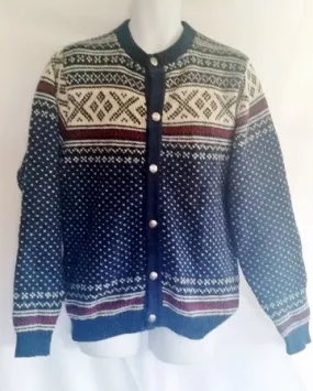 Mens L.L. BEAN NORDIC Fair Isles Wool Knit Sweater Cardigan M BLUE Fisherman WHITE RED