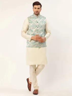 Men'S Solid Kurta Pyjama With Blue Floral Embroidered Nehru Jacket
