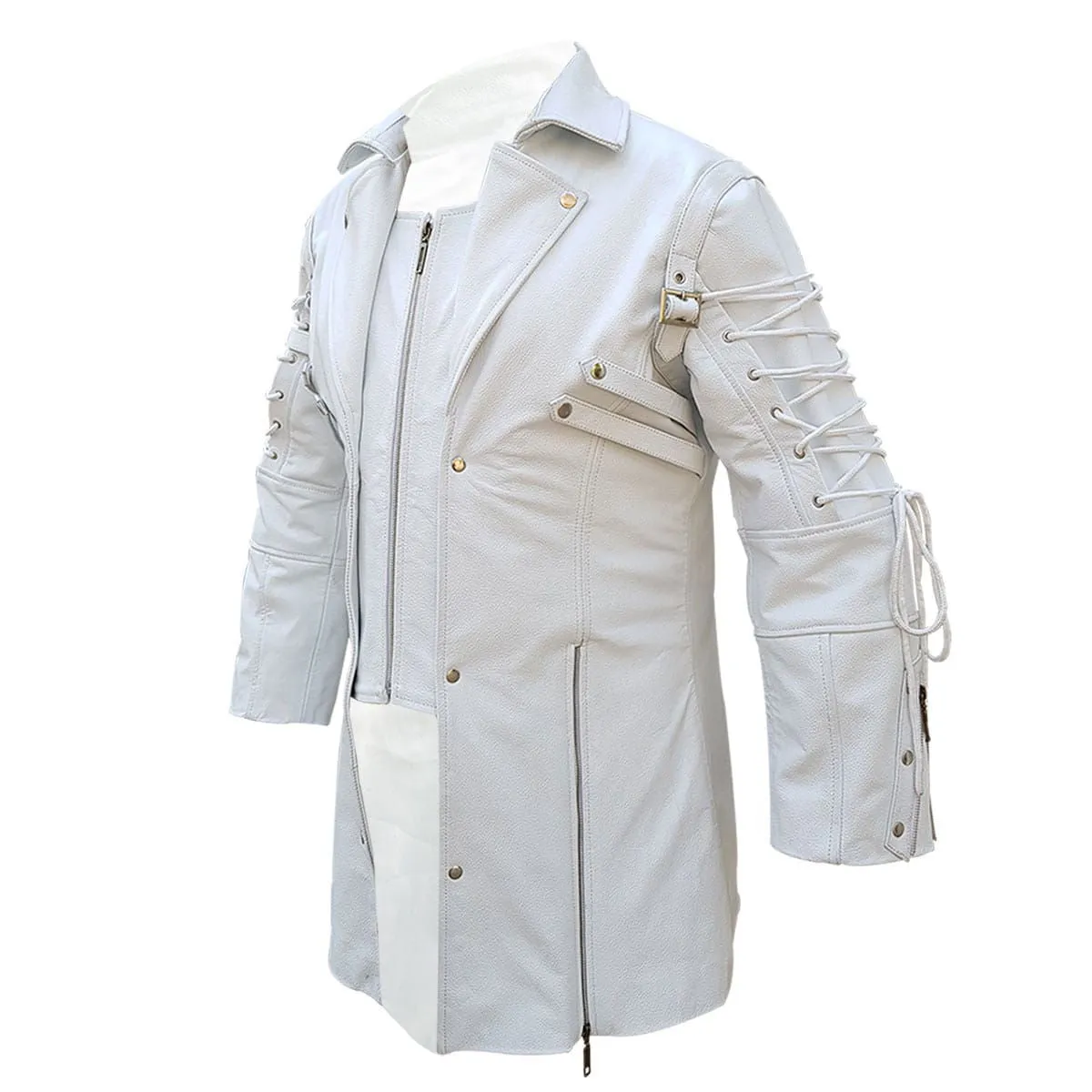 Mens White Leather Goth Matrix Trench Coat Steampunk Gothic - T18-WHT