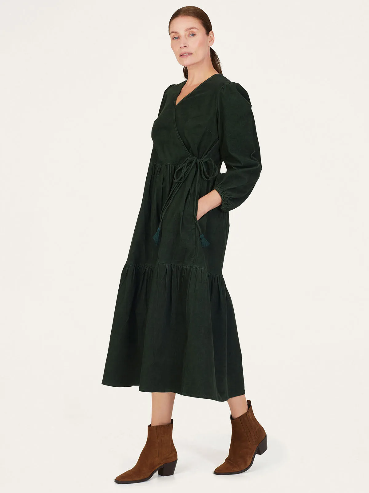 Milou Organic Cotton Corduroy Wrap Dress - Forest Green