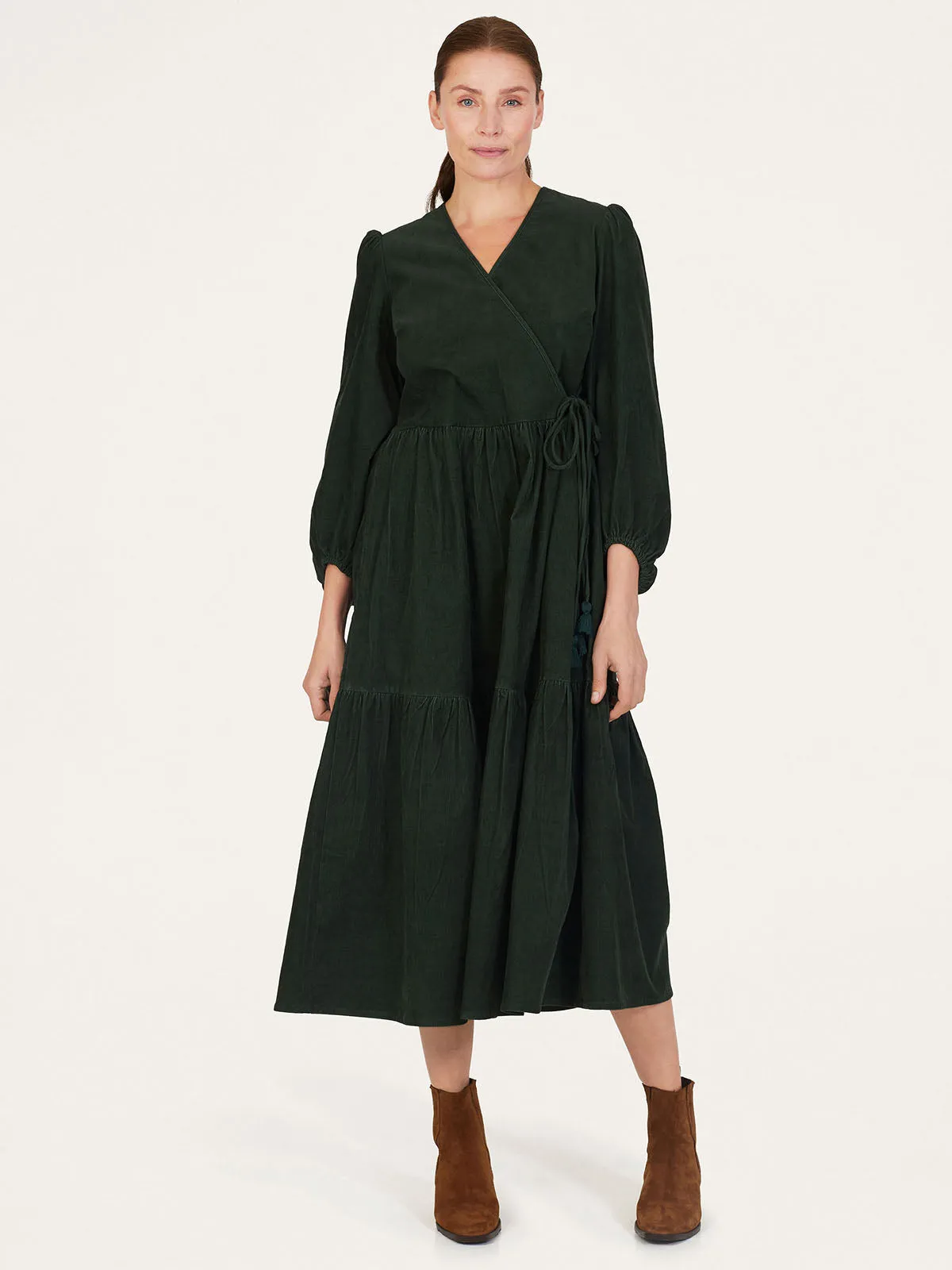 Milou Organic Cotton Corduroy Wrap Dress - Forest Green