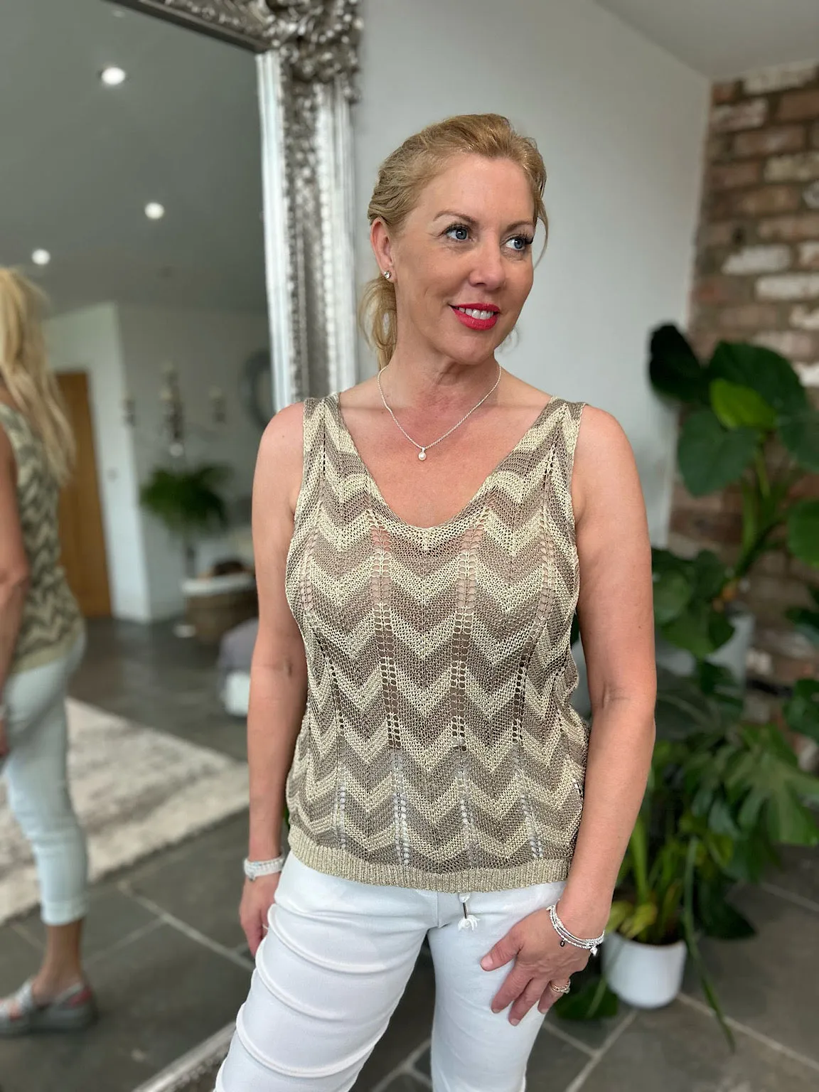 Mocha Lurex Zig Zag Knitted Vest Lottie