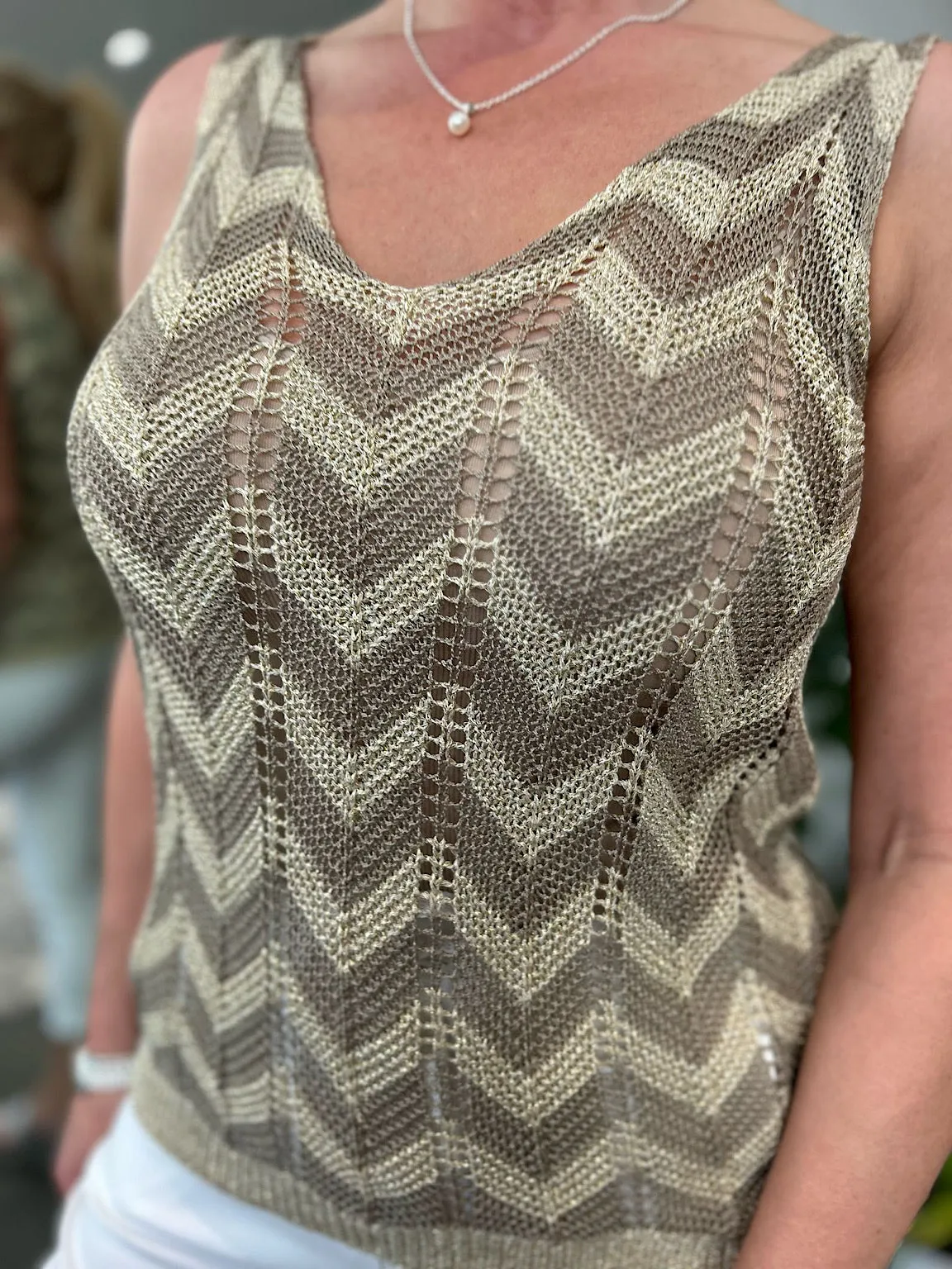 Mocha Lurex Zig Zag Knitted Vest Lottie