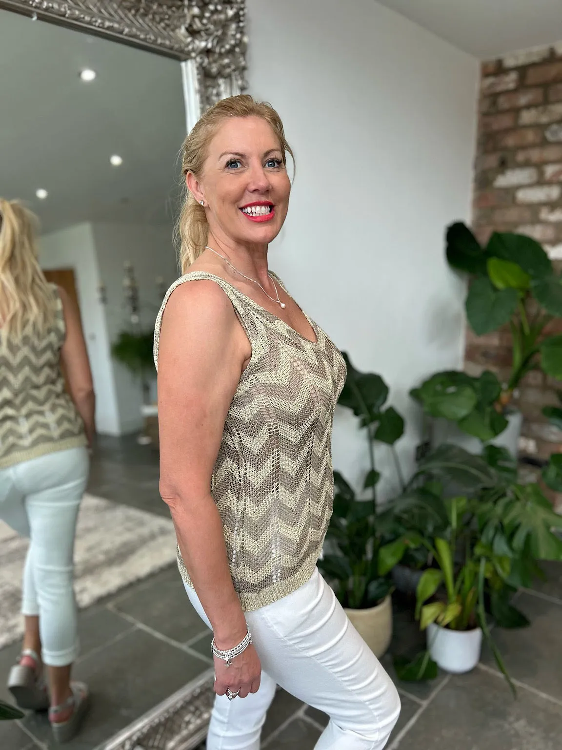 Mocha Lurex Zig Zag Knitted Vest Lottie