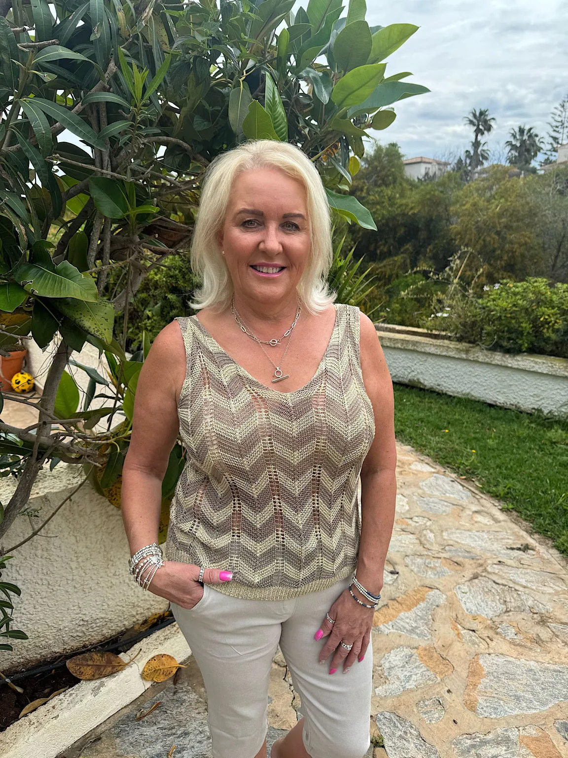 Mocha Lurex Zig Zag Knitted Vest Lottie