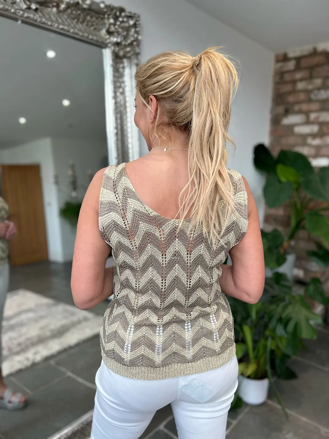 Mocha Lurex Zig Zag Knitted Vest Lottie