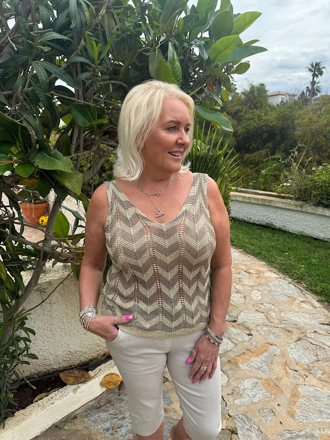 Mocha Lurex Zig Zag Knitted Vest Lottie