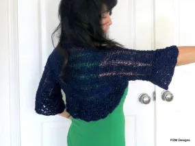 Navy Blue Shrug, Sparkly Hand Knit Summer Shrug