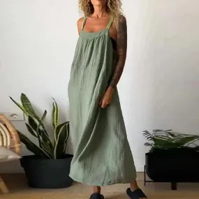 New Cotton Linen Spaghetti Strap Casual Pocket Long Multi Color Summer 2024 Dress
