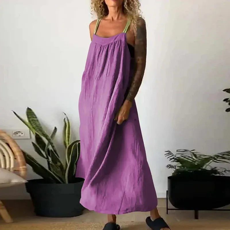 New Cotton Linen Spaghetti Strap Casual Pocket Long Multi Color Summer 2024 Dress