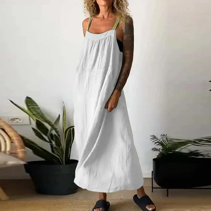 New Cotton Linen Spaghetti Strap Casual Pocket Long Multi Color Summer 2024 Dress