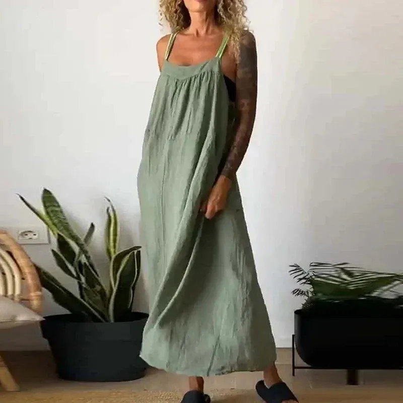 New Cotton Linen Spaghetti Strap Casual Pocket Long Multi Color Summer 2024 Dress