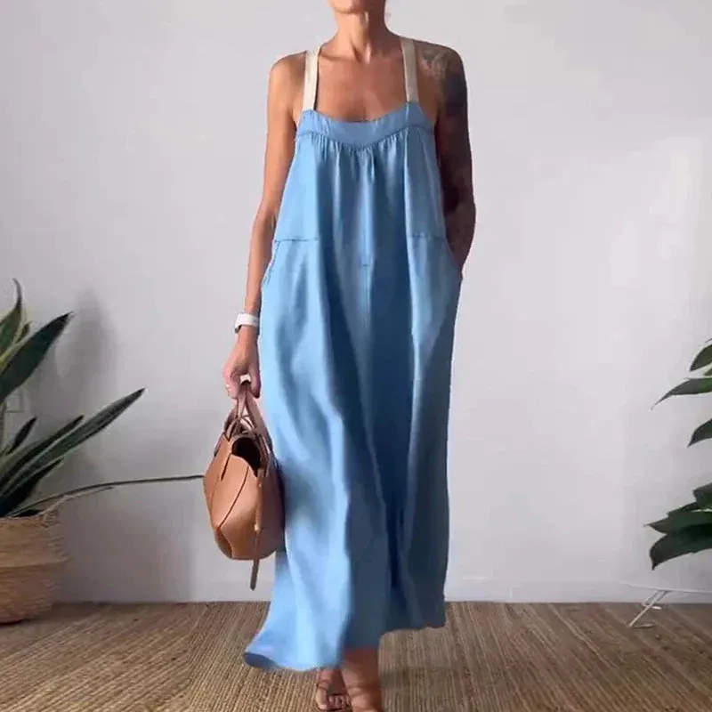 New Cotton Linen Spaghetti Strap Casual Pocket Long Multi Color Summer 2024 Dress