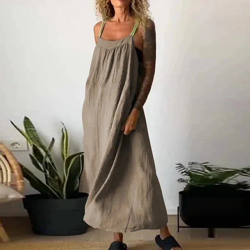 New Cotton Linen Spaghetti Strap Casual Pocket Long Multi Color Summer 2024 Dress