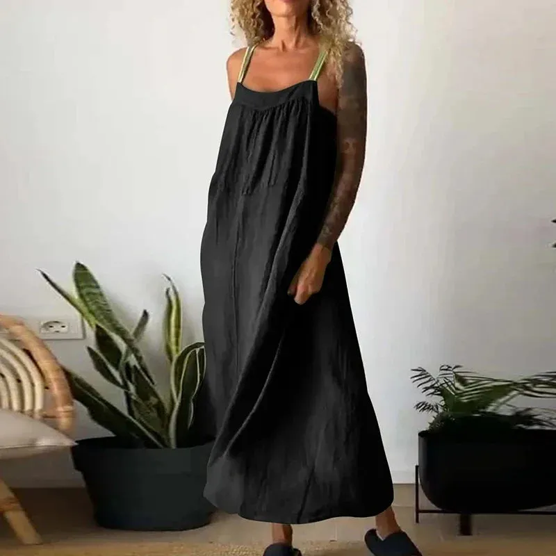 New Cotton Linen Spaghetti Strap Casual Pocket Long Multi Color Summer 2024 Dress