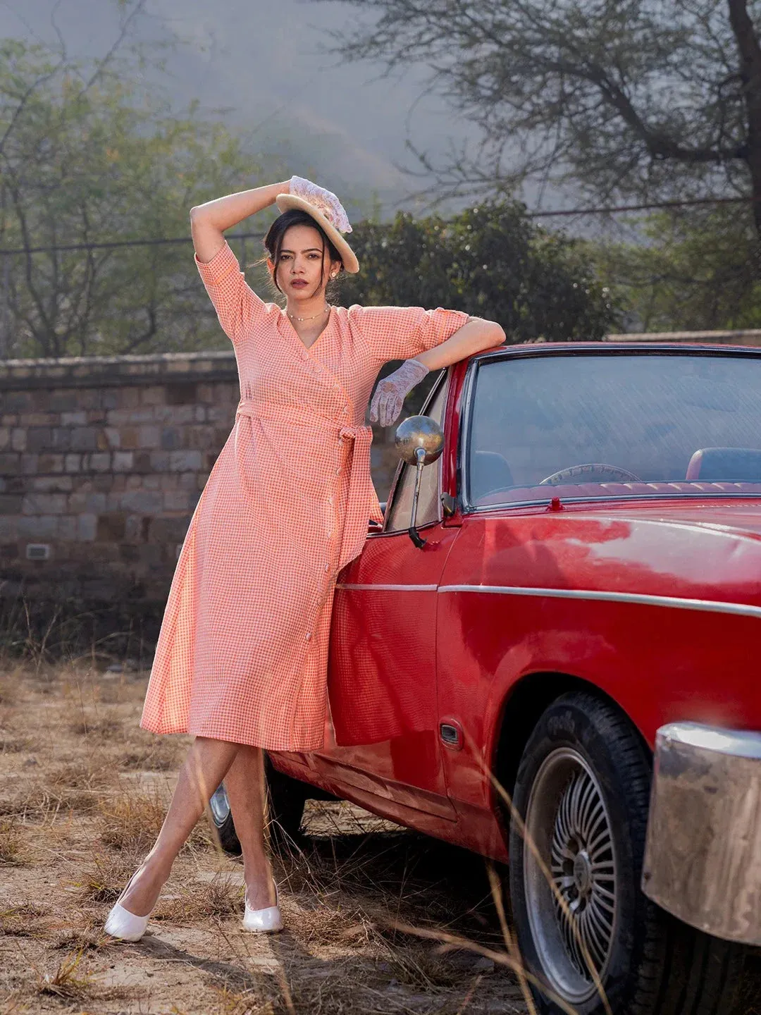 Orange Cotton Check Comes With A Belt Dress
