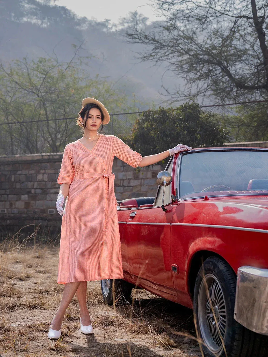 Orange Cotton Check Comes With A Belt Dress