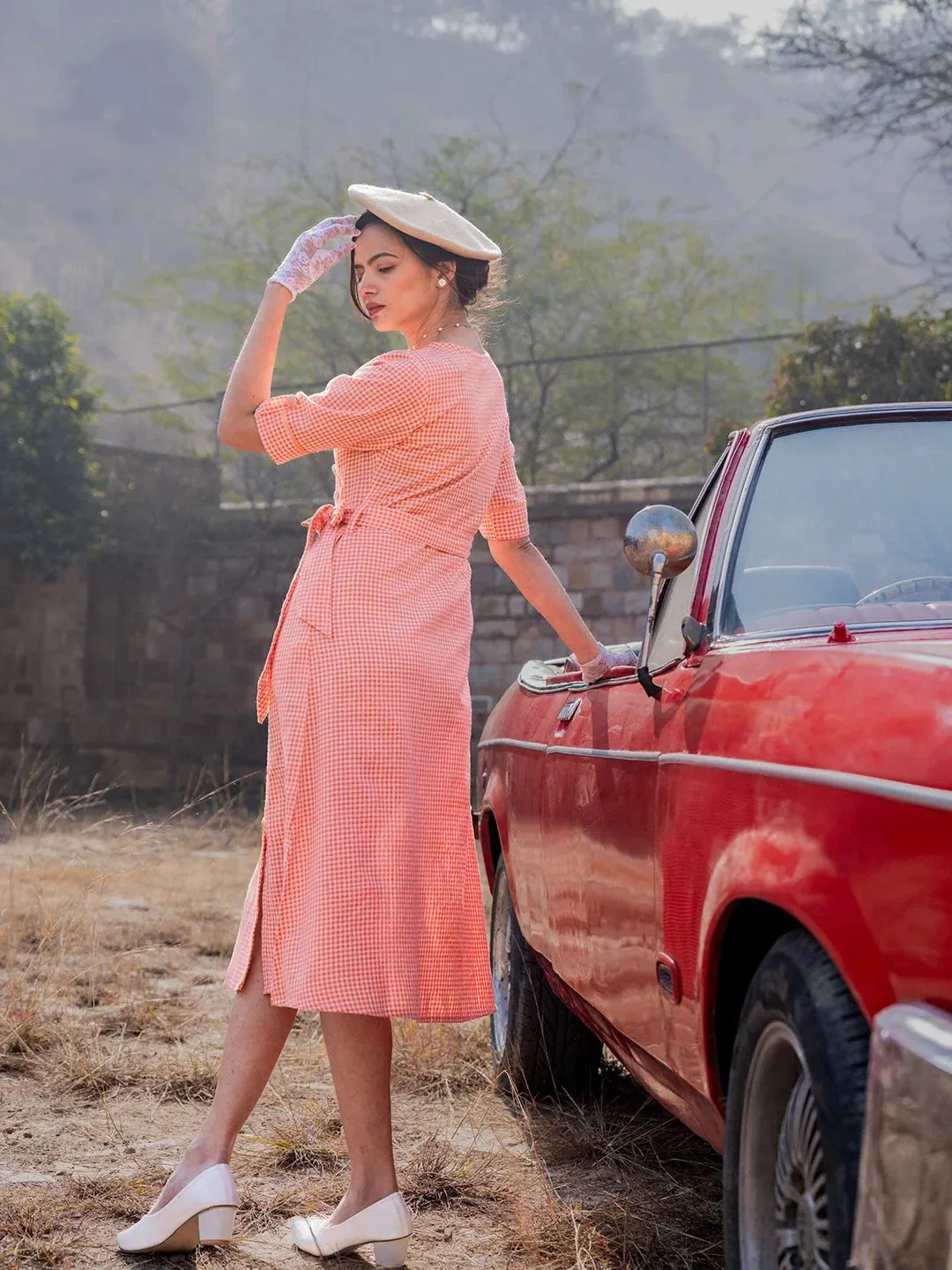 Orange Cotton Check Comes With A Belt Dress