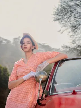 Orange Cotton Check Comes With A Belt Dress