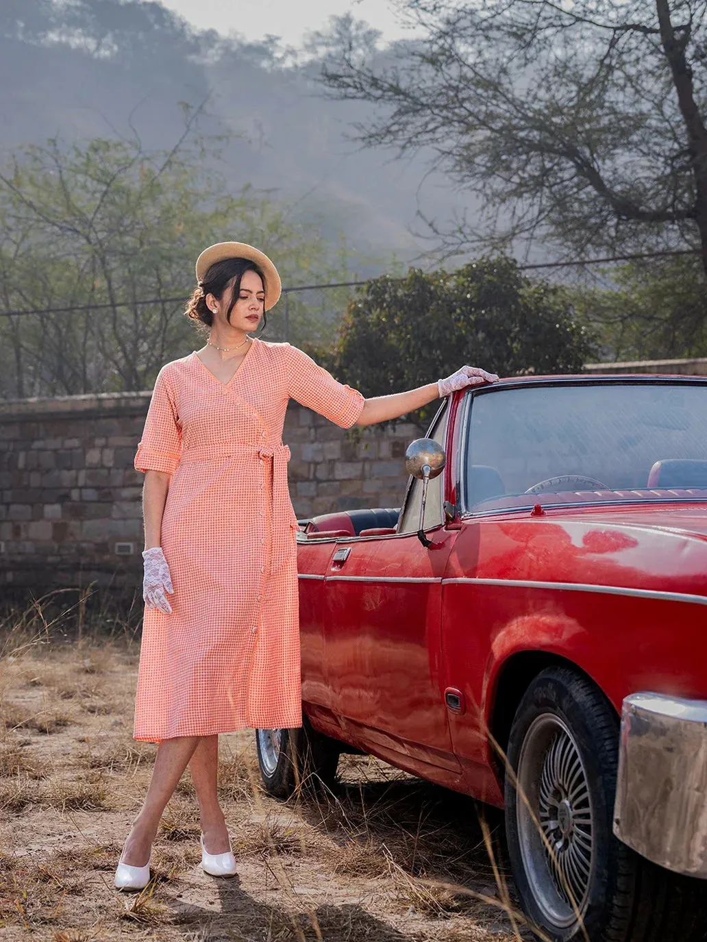 Orange Cotton Check Comes With A Belt Dress
