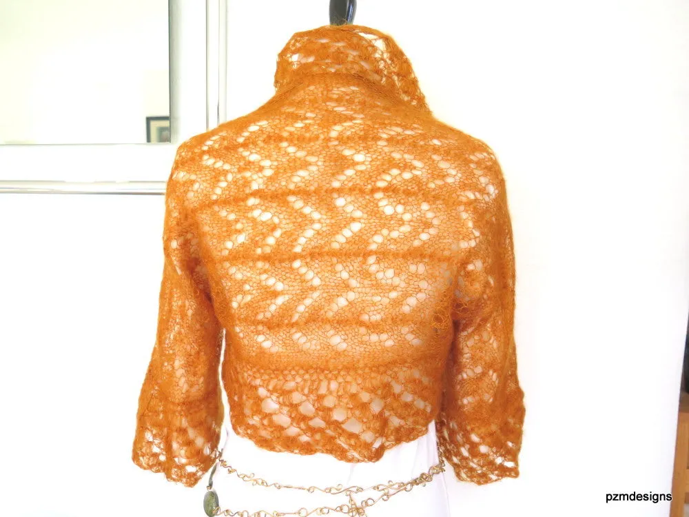 Orange Hand Knit Silk Mohair Sweater Shrug, Luxury Knitwear