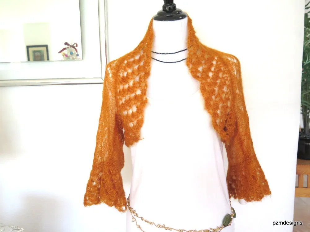 Orange Hand Knit Silk Mohair Sweater Shrug, Luxury Knitwear
